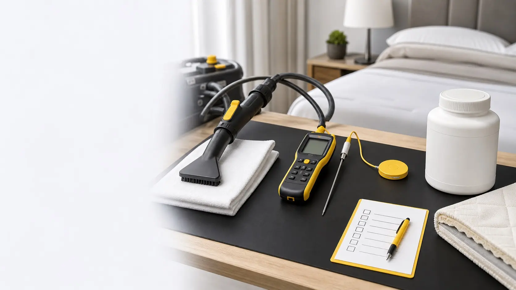 A professional steam tool, temperature probe and plain treatment container arranged on a workbench beside a bed.